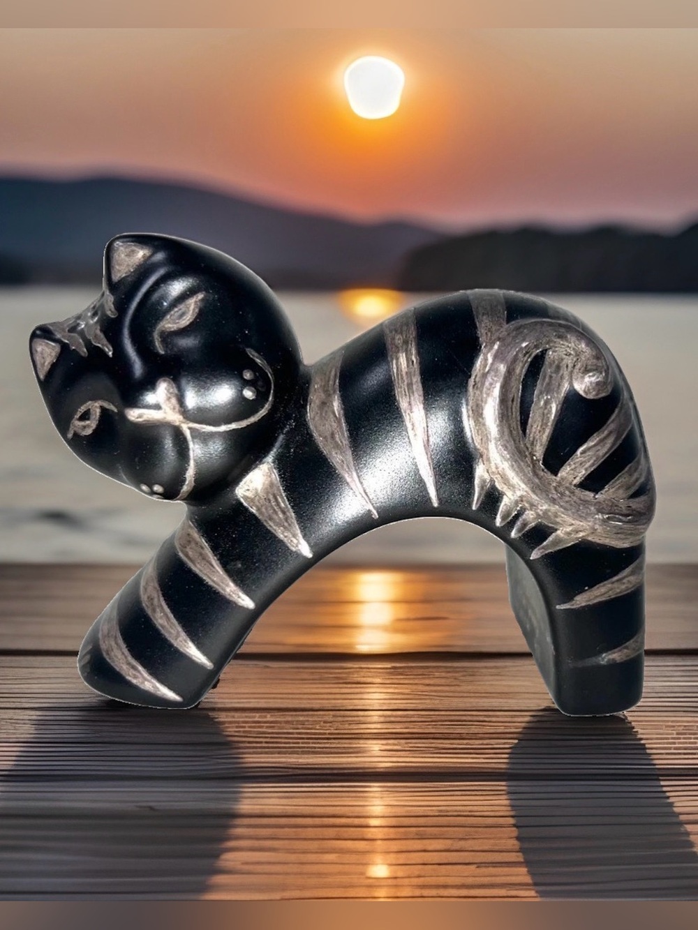Emilia Castillo Art Pottery Black Silver Overlay Cat Salt/Pepper Shaker Figurine
